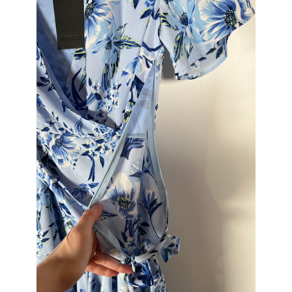 Angeleye Blue Floral Wrap Mini Dress Short Sleeve Garden Party Girlhood Size 8 - Picture 6 of 7